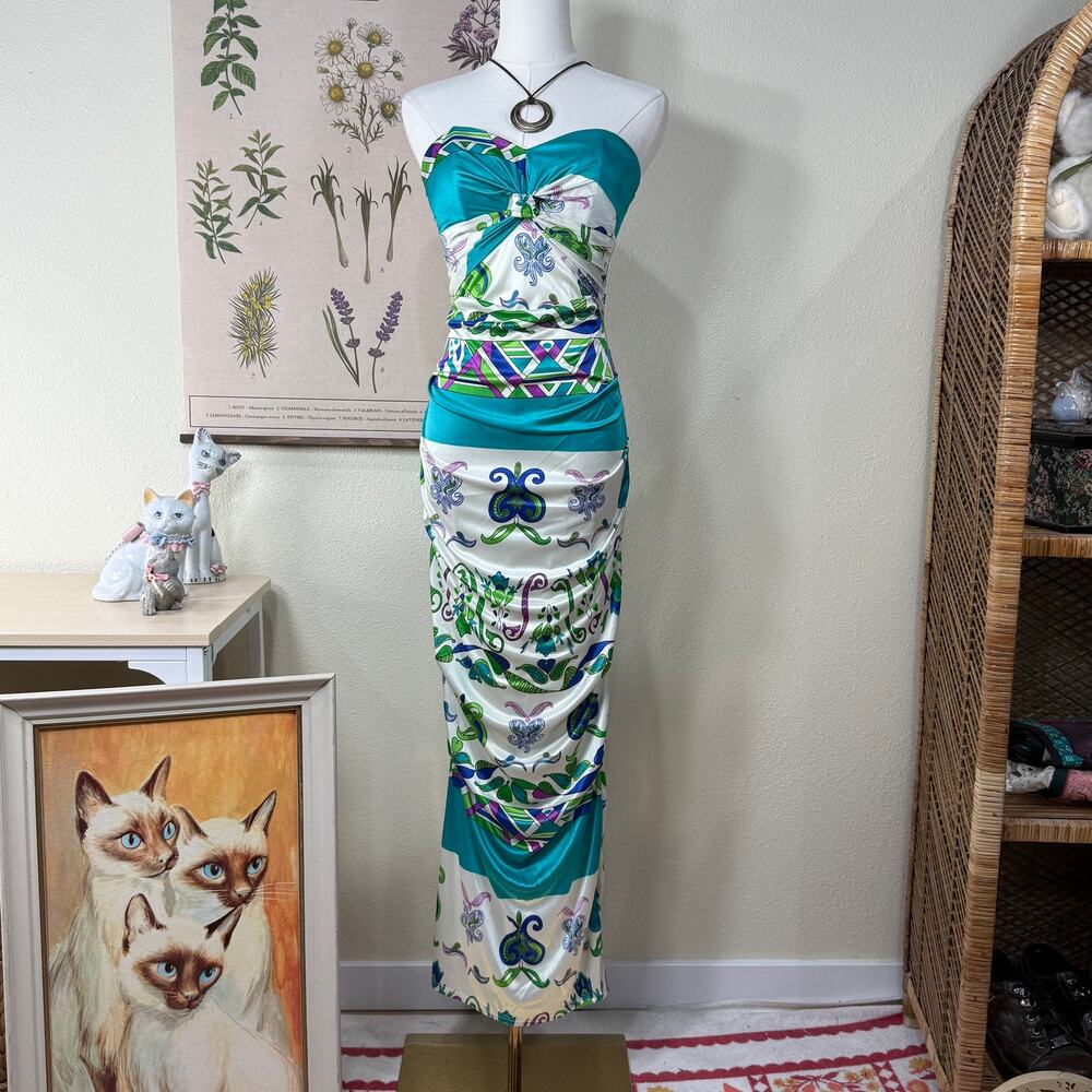 Vtg 90s Y2k Ruched Satin Print Strapless Formal Maxi Dress Sexy Coastal Boho S